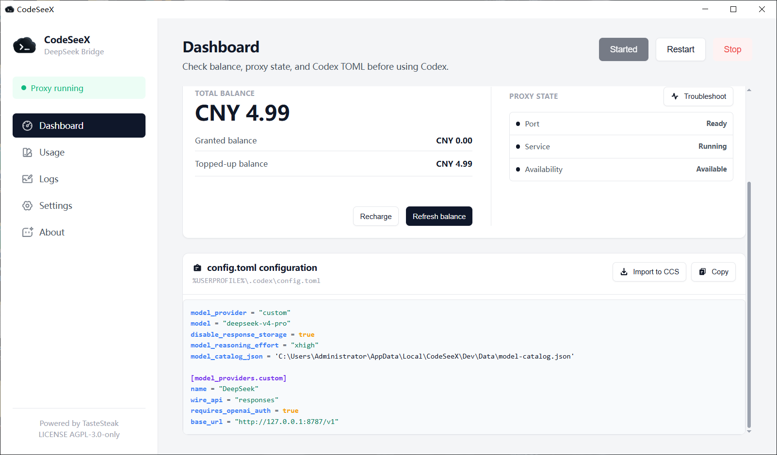 CodeSeeX generated Codex TOML