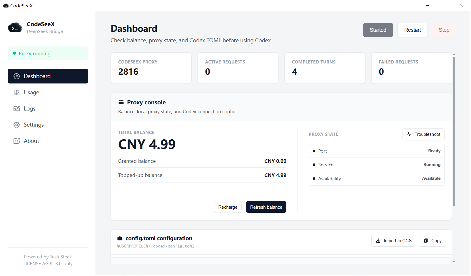 CodeSeeX dashboard showing proxy status and adapter setup
