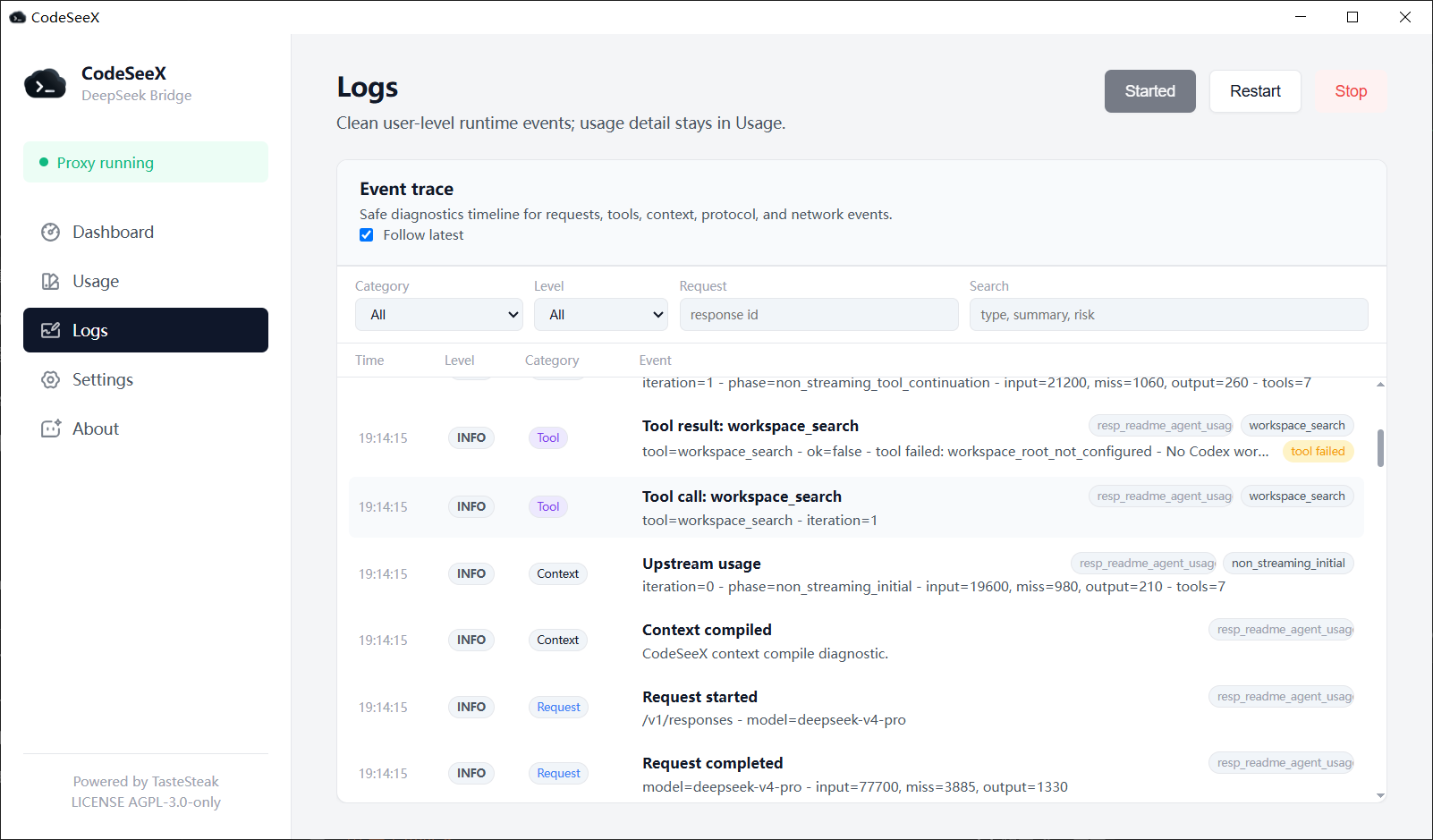 CodeSeeX diagnostic logs
