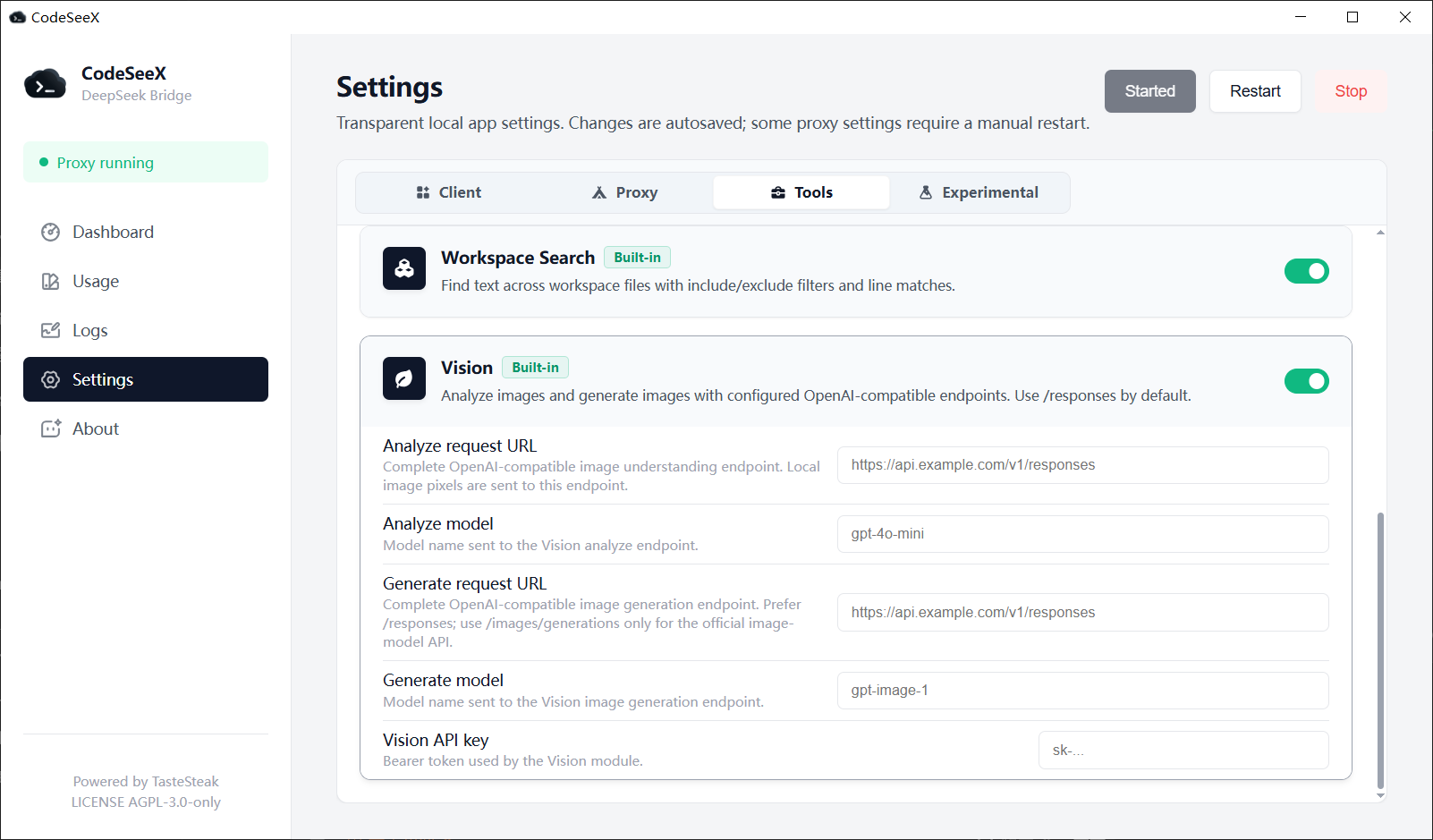 CodeSeeX tool settings